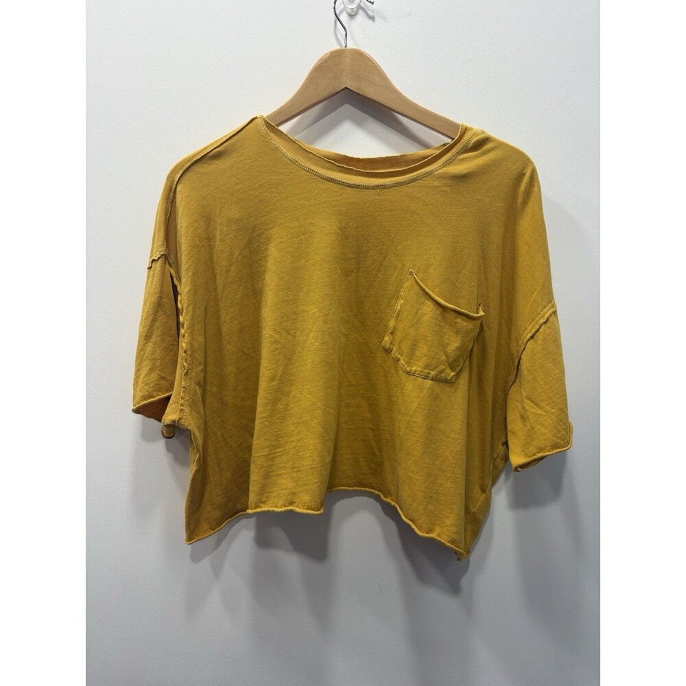 Free People We The Free XS Mustard Yellow Oversized Crop Tee Raw Hem Pocket Boho